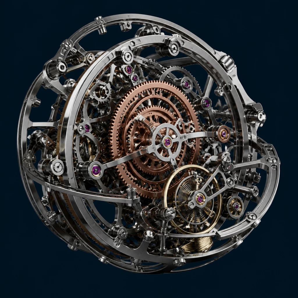 Intricate open-work mechanical sculpture with nested copper gears, polished bridges and jeweled bearings